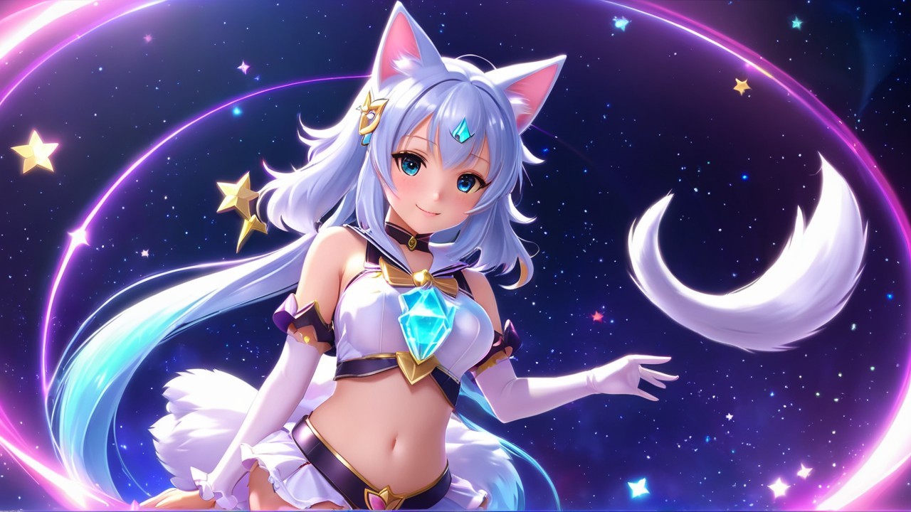 Magical Character with Cat Ears Against Cosmic Background