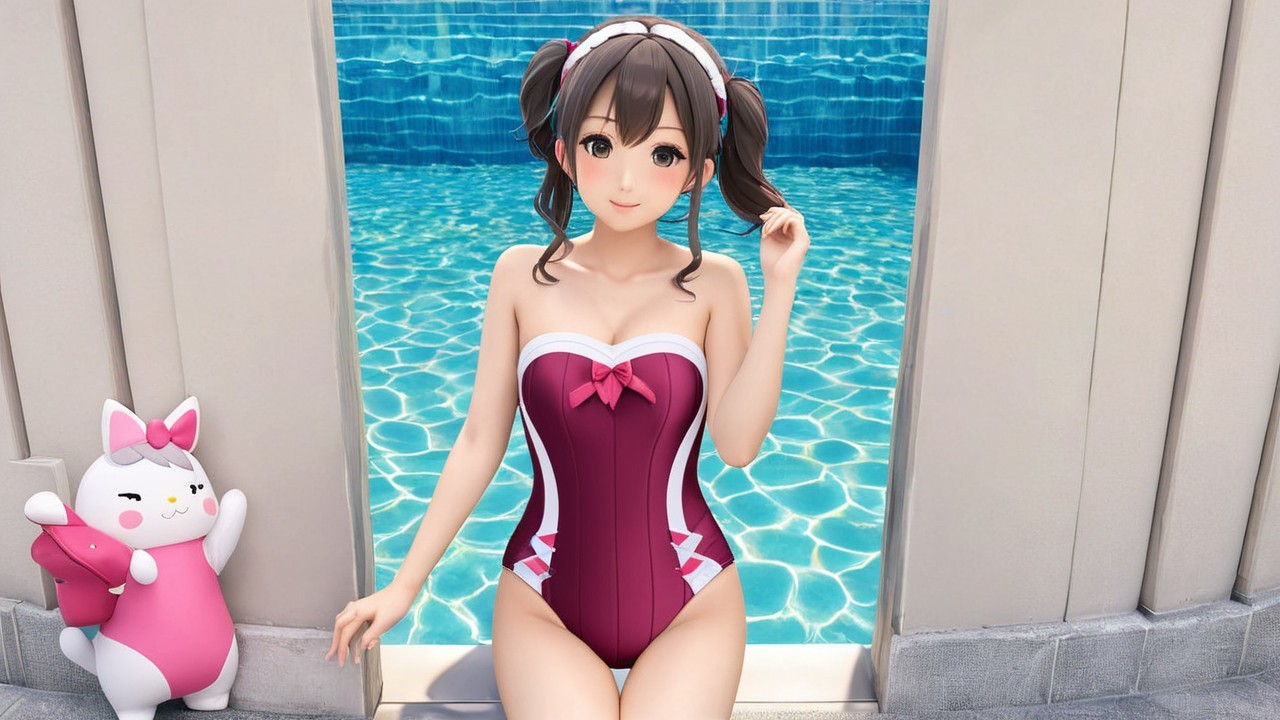 Cheerful anime character by bright blue pool in swimsuit