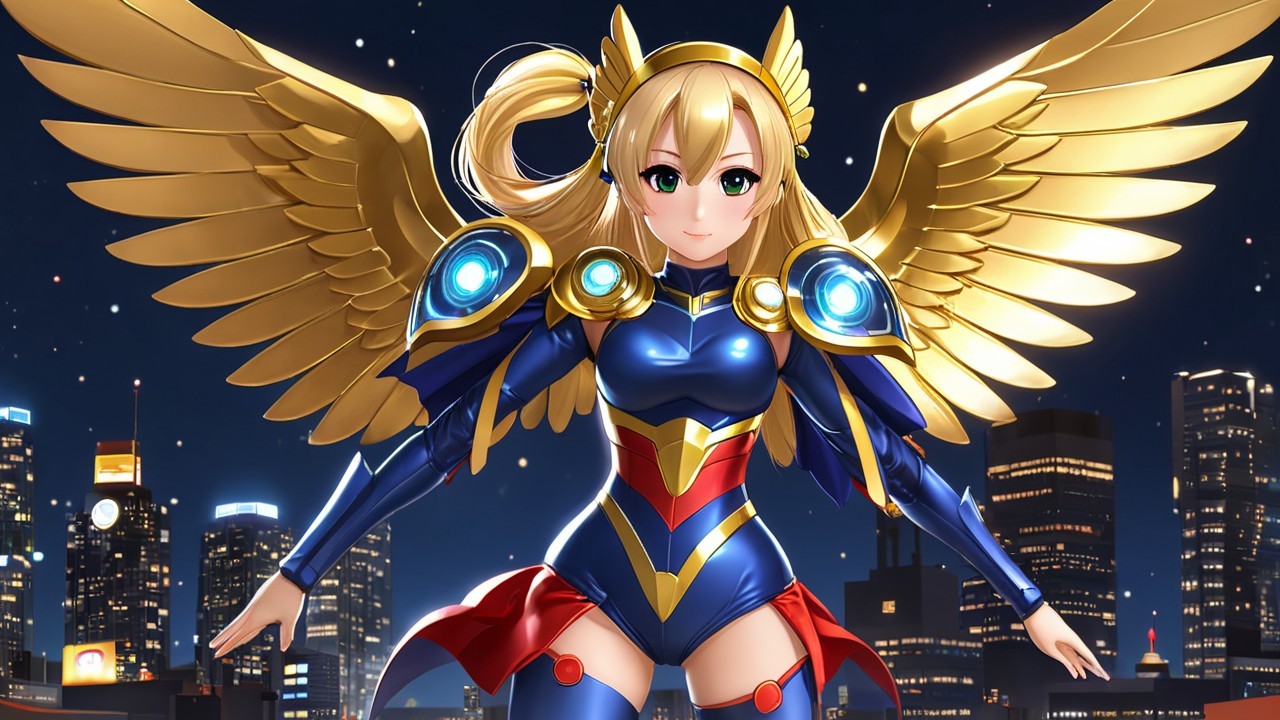 Heroic Character in Blue and Gold Armor at Night Skyline