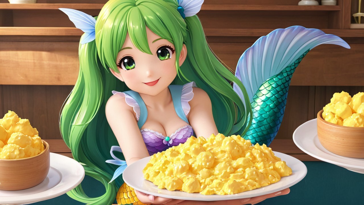 Cheerful mermaid with popcorn in cozy kitchen setting