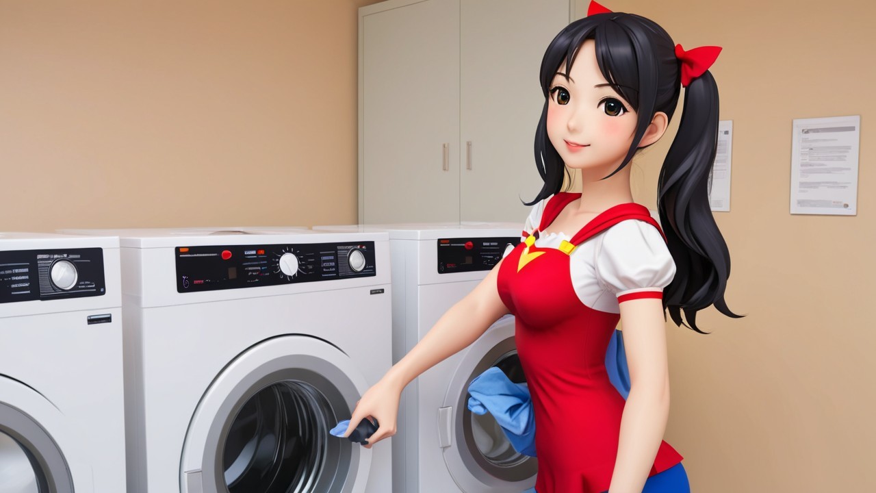 Animated Character in Red Dress in Laundry Room