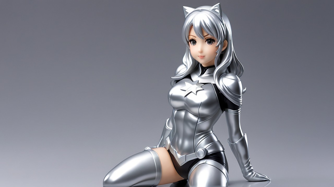 Stylized female figure in silver suit with cat ears