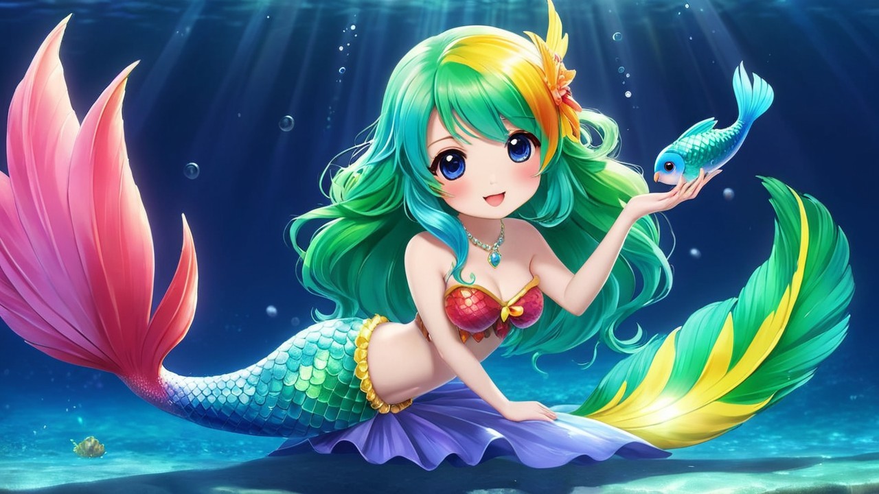 Vibrant Mermaid with Colorful Hair and Glittering Tail