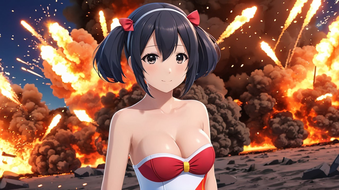 Young girl in pigtails amidst explosions and smoke