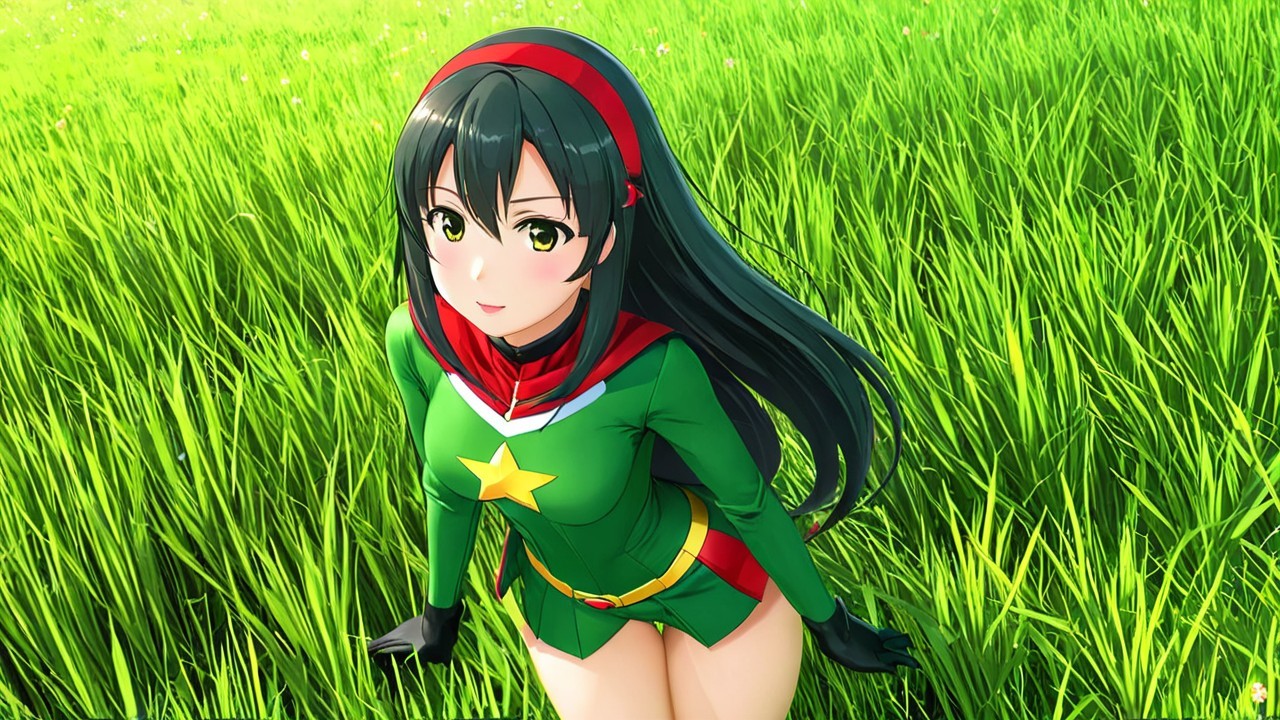 Anime character in green outfit in a lush field