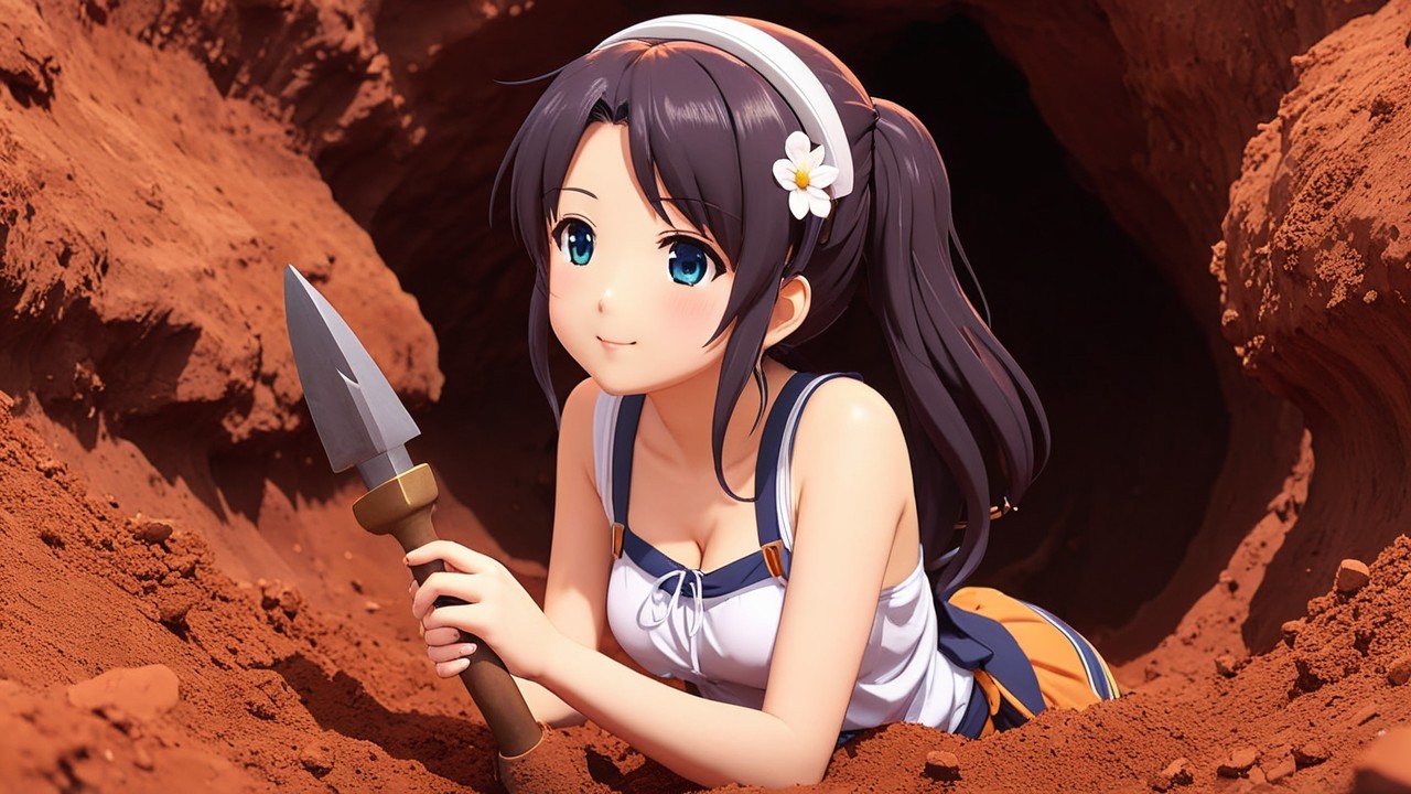 Young girl joyfully digging in reddish-brown dirt hole