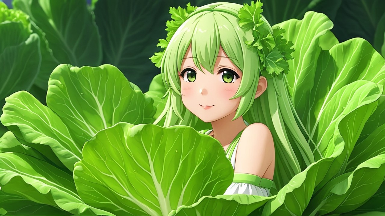 Cheerful Girl with Green Hair Among Cabbage Leaves
