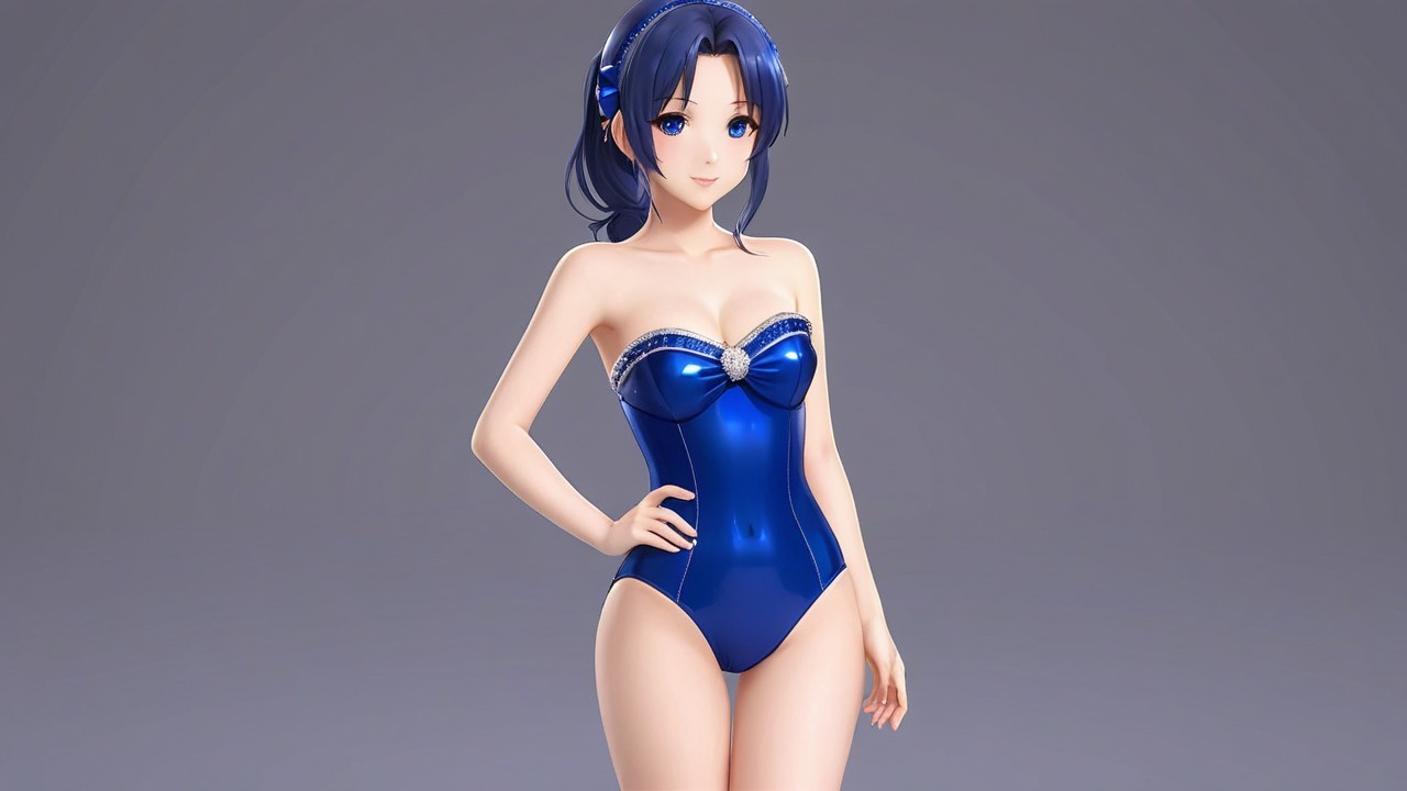 3D Character in Glossy Blue Swimsuit with Bow