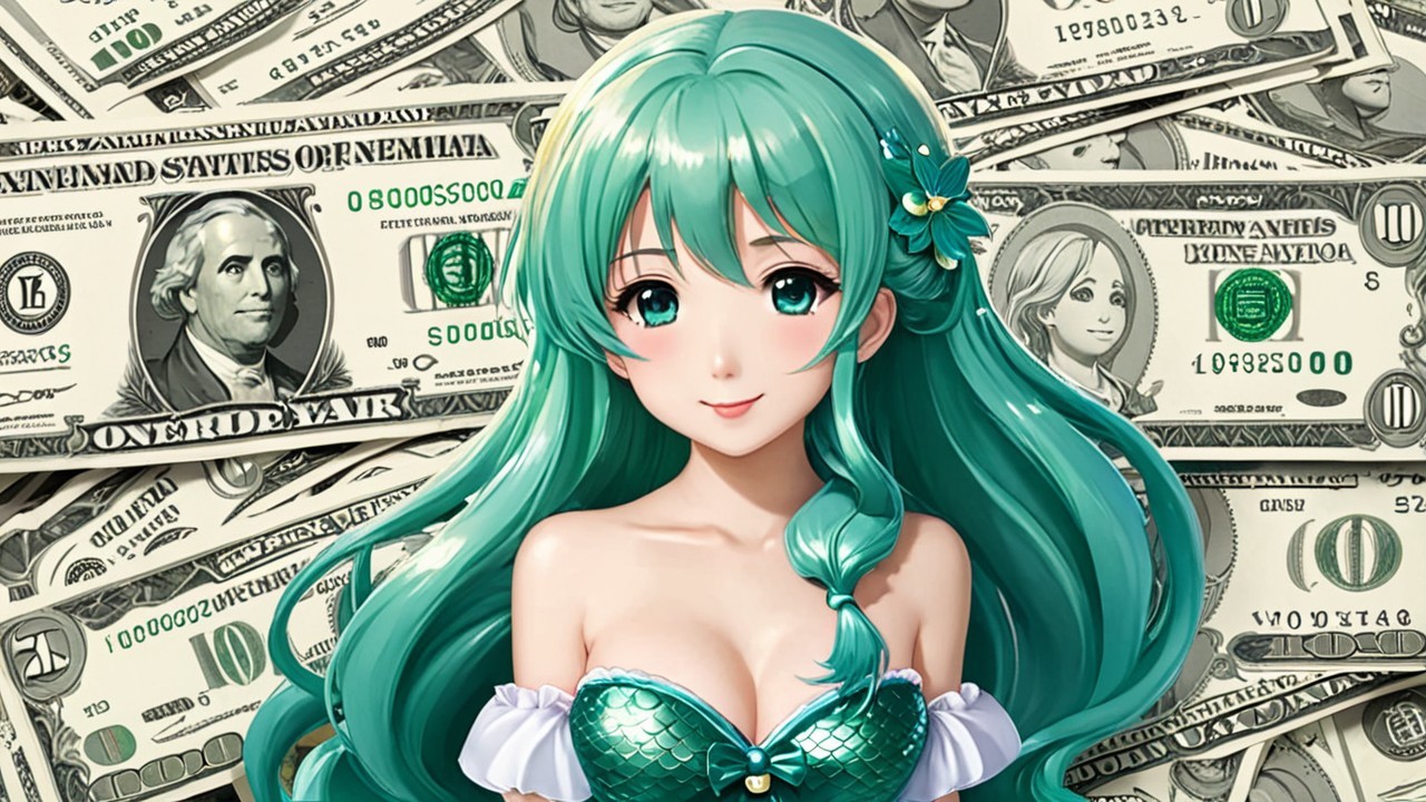 Stylized female character with teal hair and cash