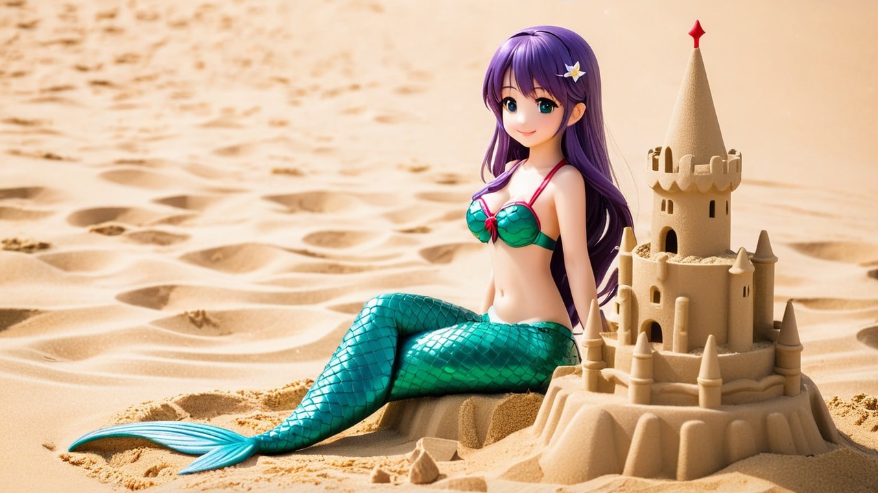 Mermaid Doll and Sandcastle on a Sunny Beach