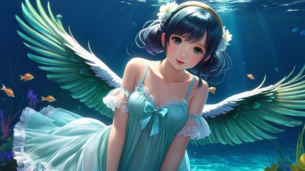 Underwater Scene with Woman in Blue Dress and Wings