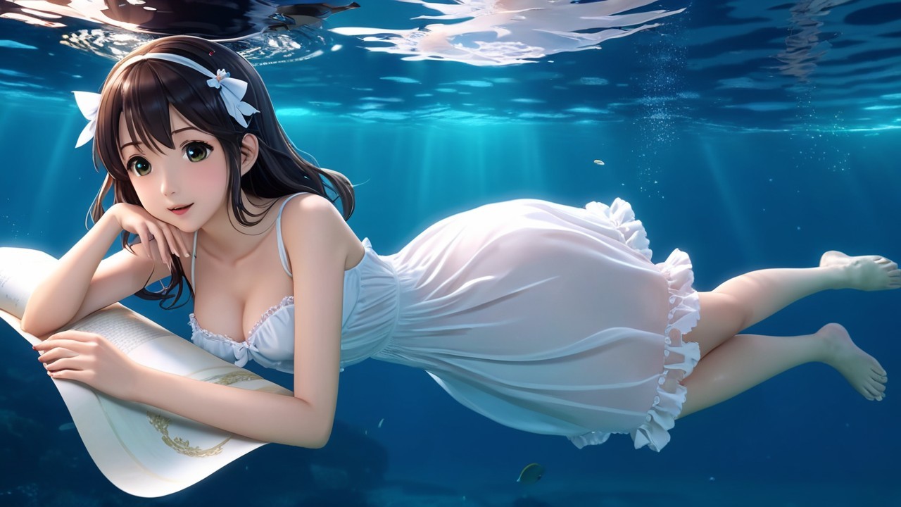 Underwater Scene with Girl in White Dress and Book