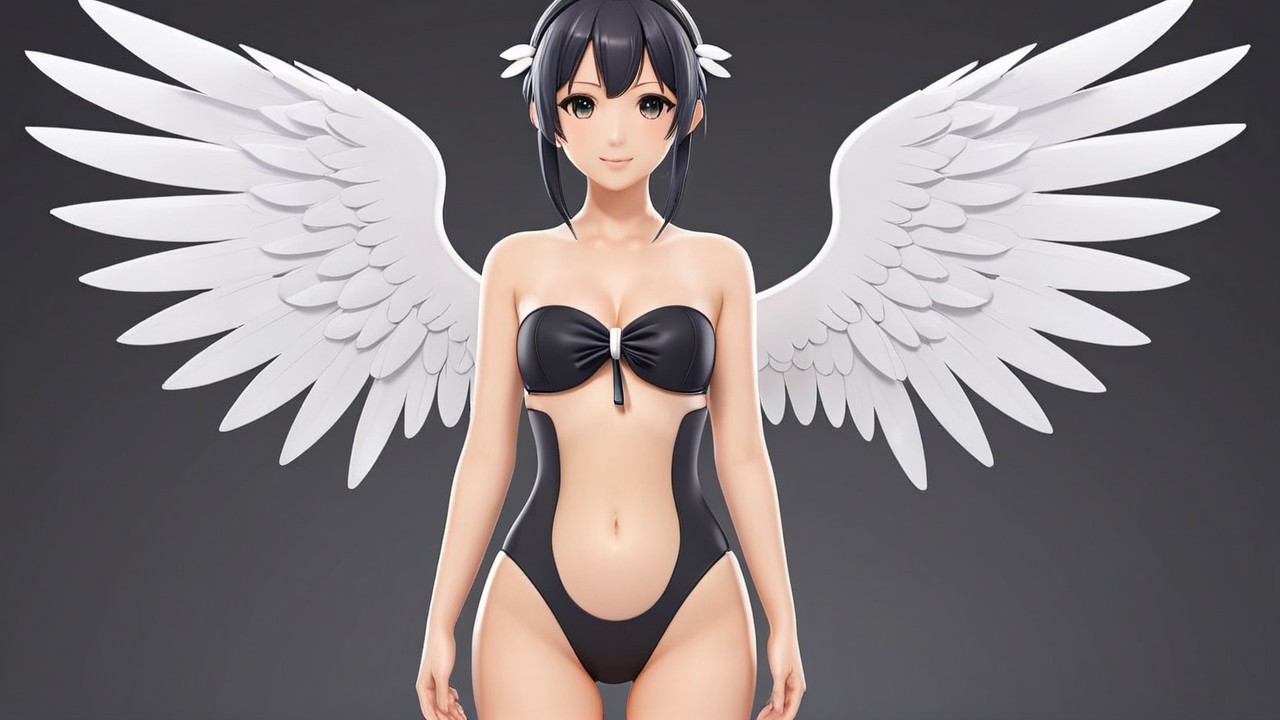 Stylized character with black hair and white wings