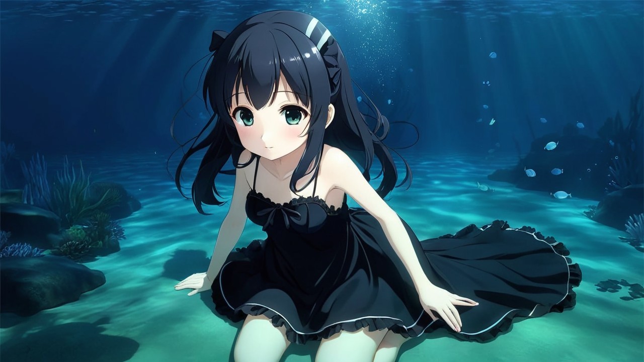 Underwater Scene of a Girl in a Black Dress