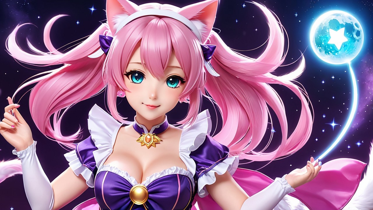 Vibrant Character with Pink Hair and Cosmic Background