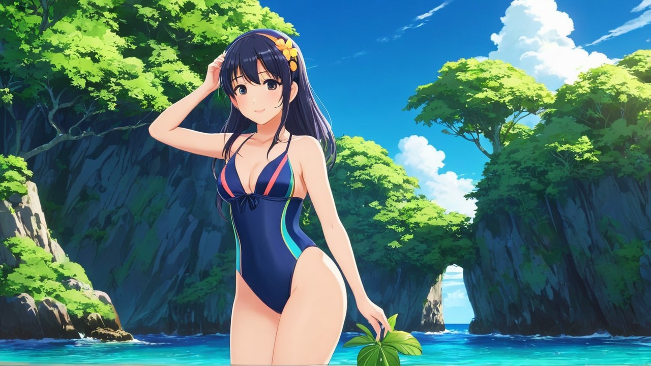 Cheerful woman in swimsuit on tropical beach scene