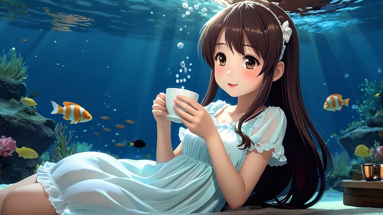 Underwater Scene with Woman in Blue Dress and Fish