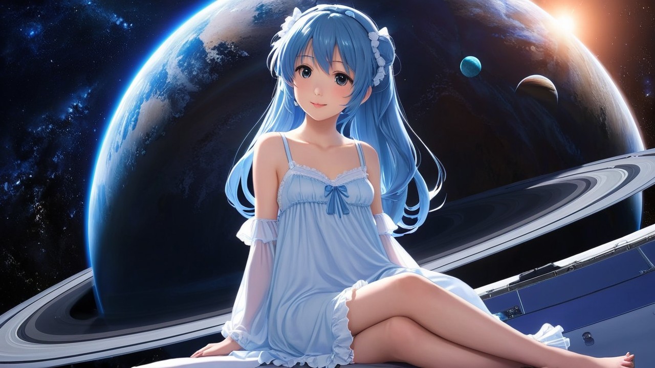 Anime Character in Space with Blue Hair and Nightgown