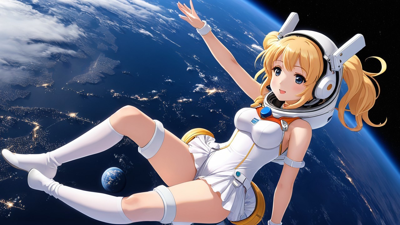 Cheerful Anime Character in Futuristic Spacesuit Floating in Space