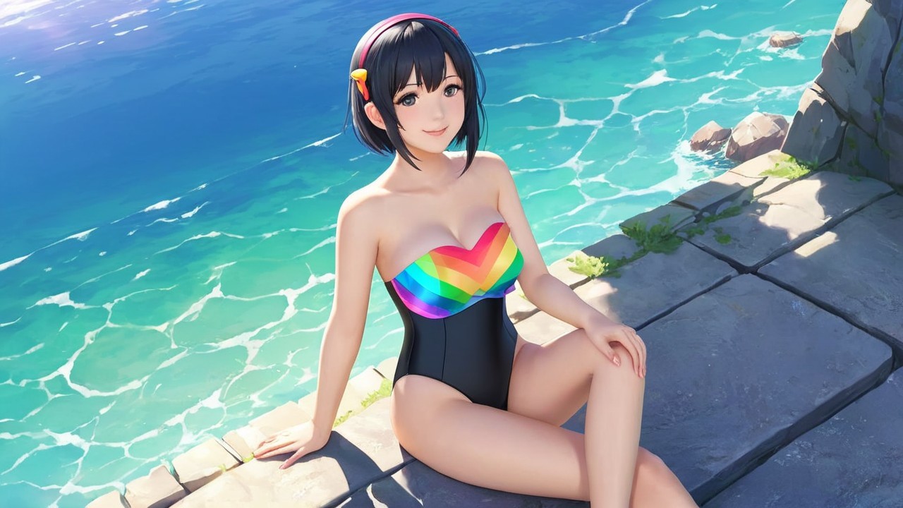Cheerful character in rainbow swimsuit by seaside