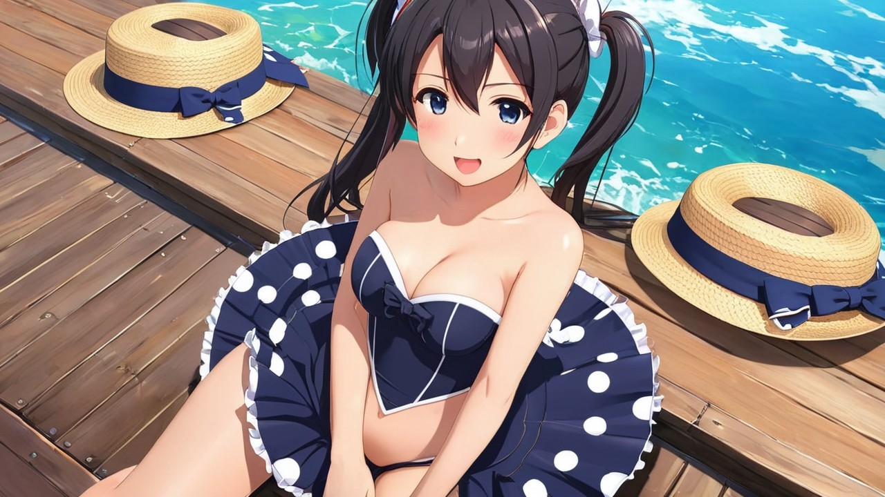 Cheerful girl in polka dot swimsuit on wooden pier
