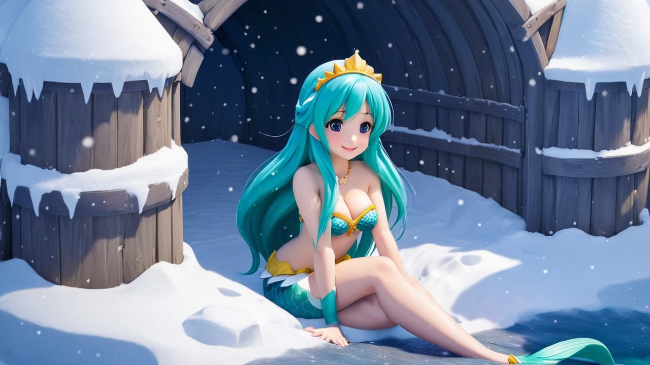 Mermaid in a snowy landscape by a cave entrance