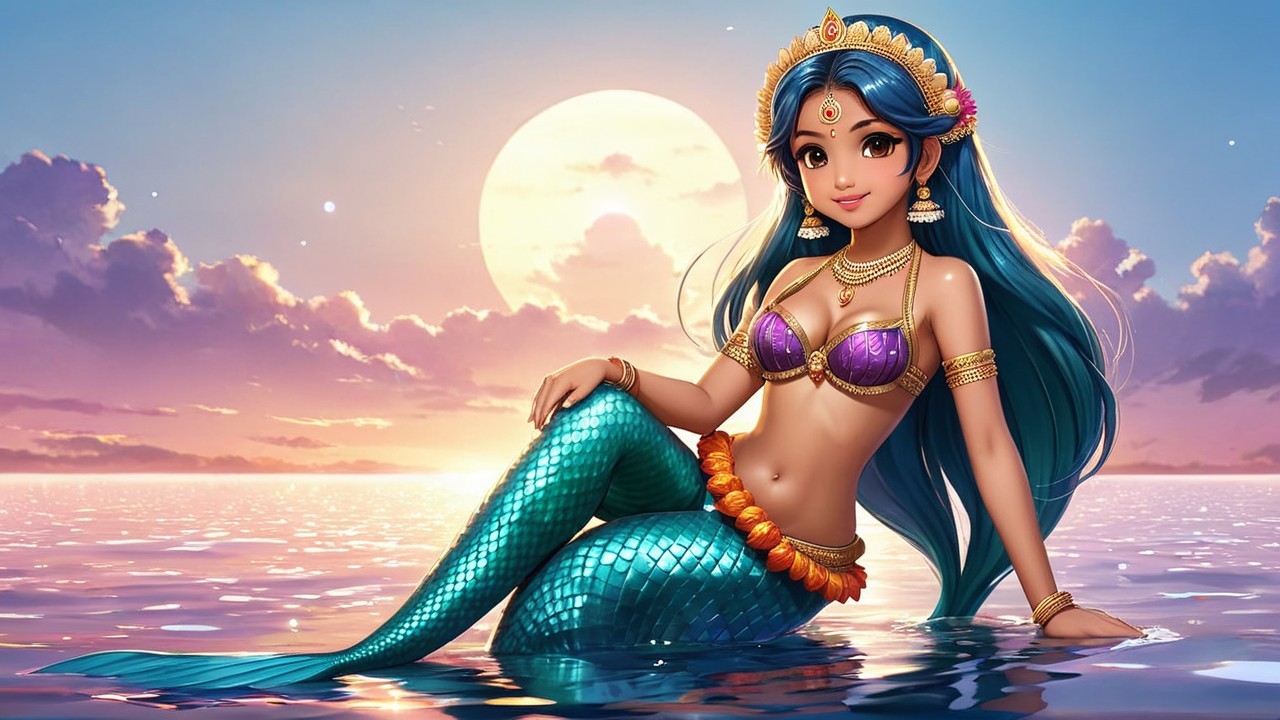 Animated Mermaid with Jewelry on Water's Surface