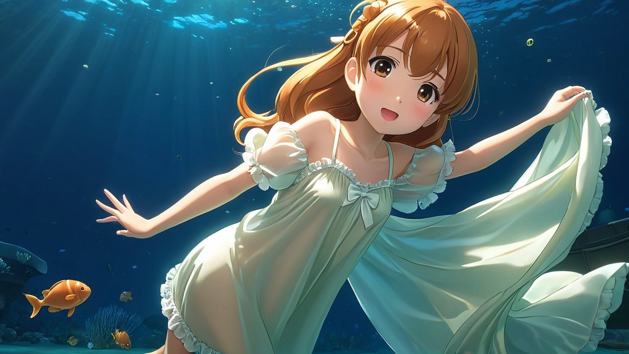 Cheerful girl swimming gracefully in light dress underwater