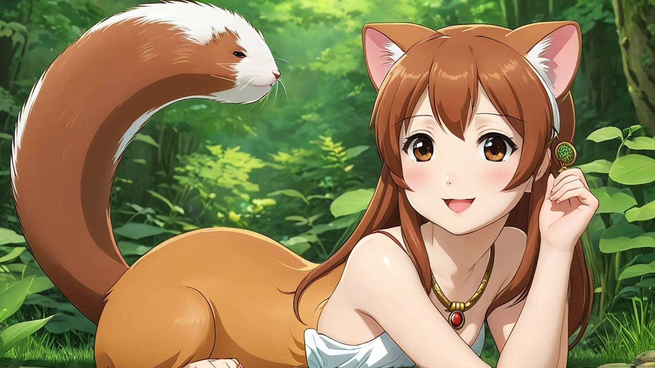 Cheerful girl with cat ears in a vibrant forest