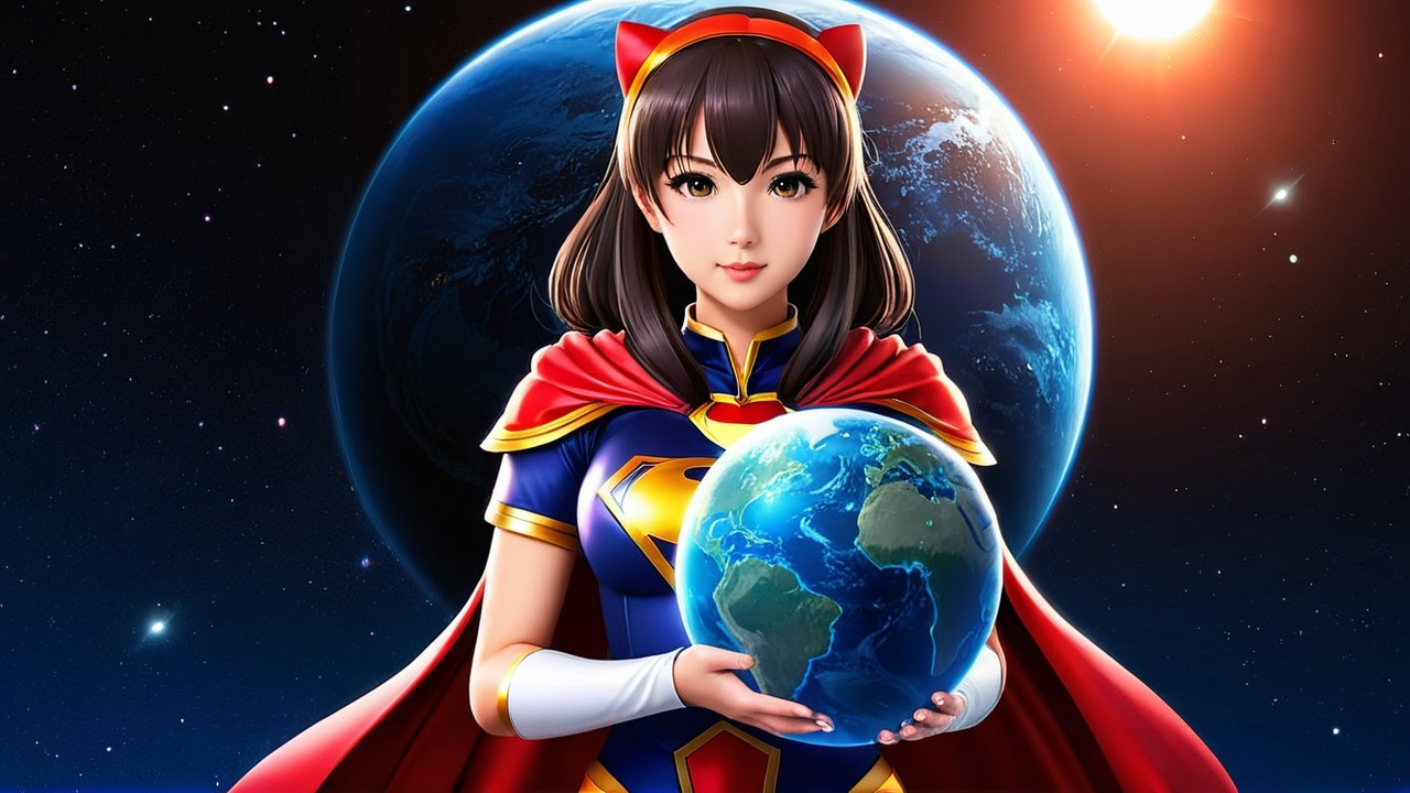 Heroic Figure with Earth in Cosmic Setting
