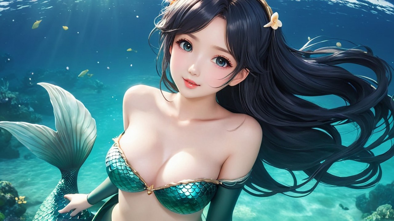 Mermaid with Black Hair in Vibrant Underwater Scene