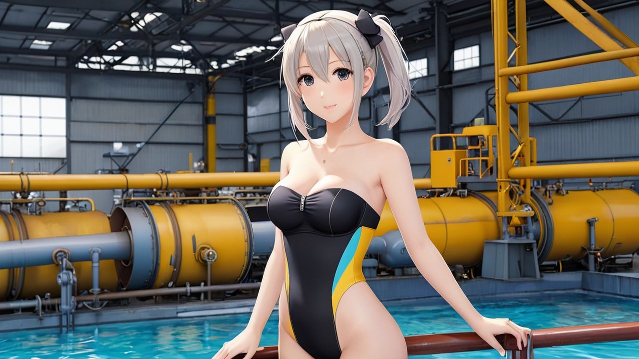 Anime Character by Swimming Pool in Industrial Setting
