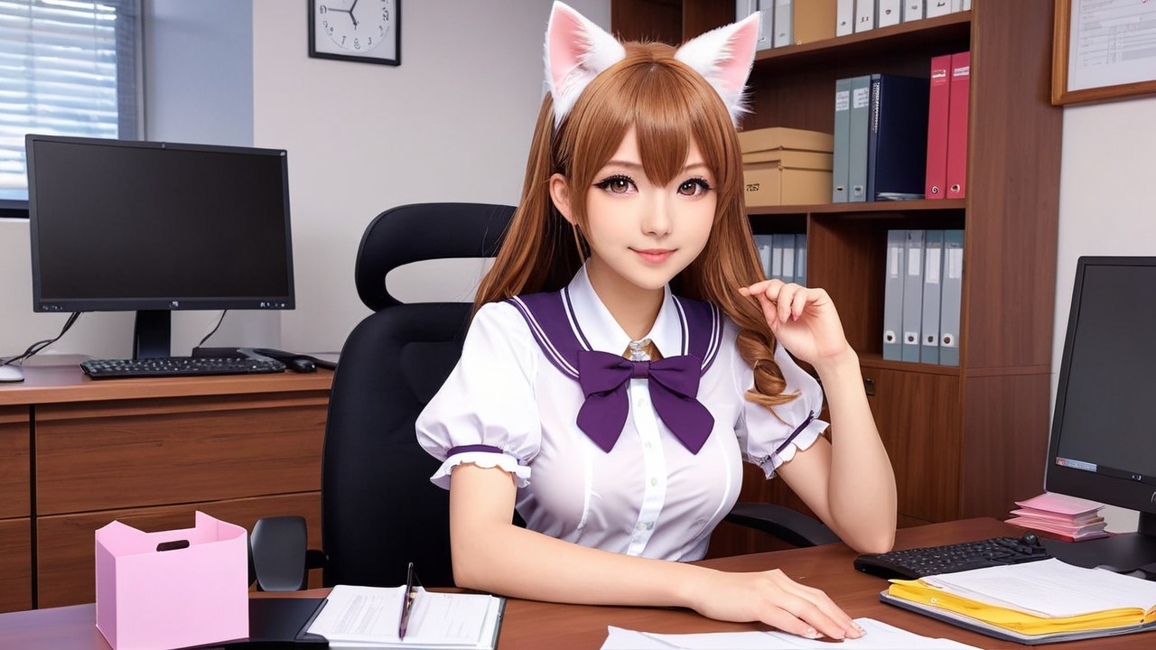 Young woman with cat ears in an office setting