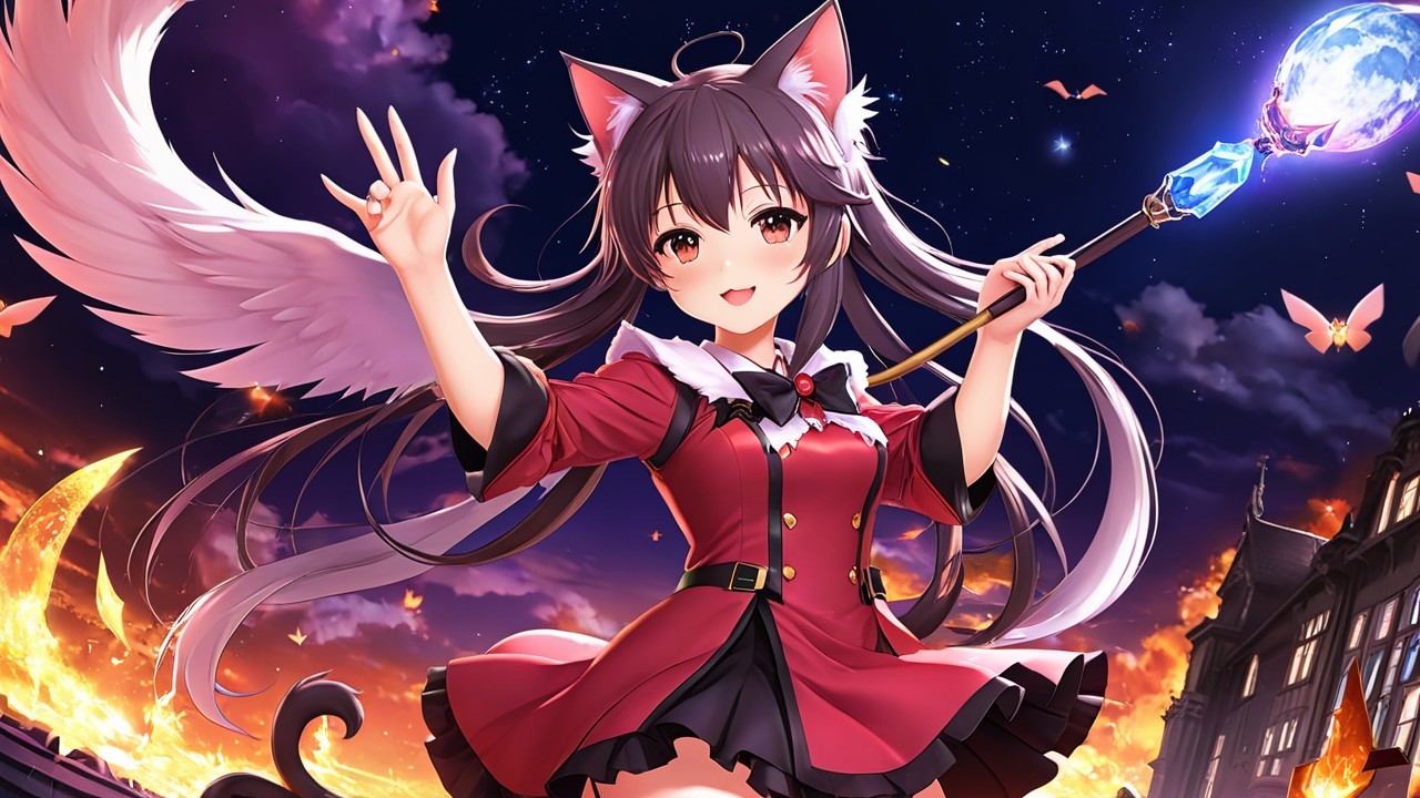 Playful Character in Red Dress with Glowing Staff
