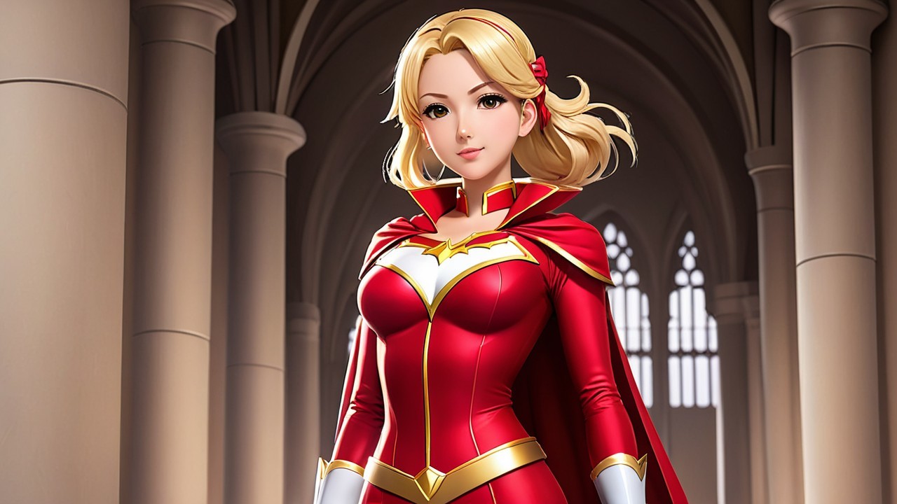 Confident Female Superhero in Grand Arched Space