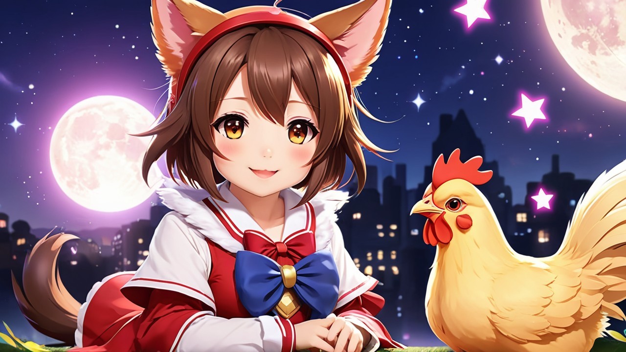 Cheerful girl with fox ears beside a friendly chicken