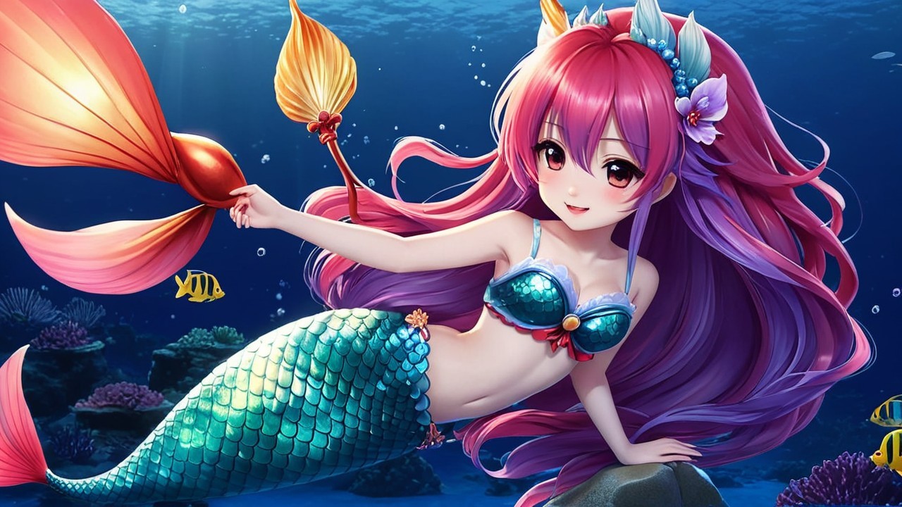 Vibrant Underwater Scene with Whimsical Mermaid