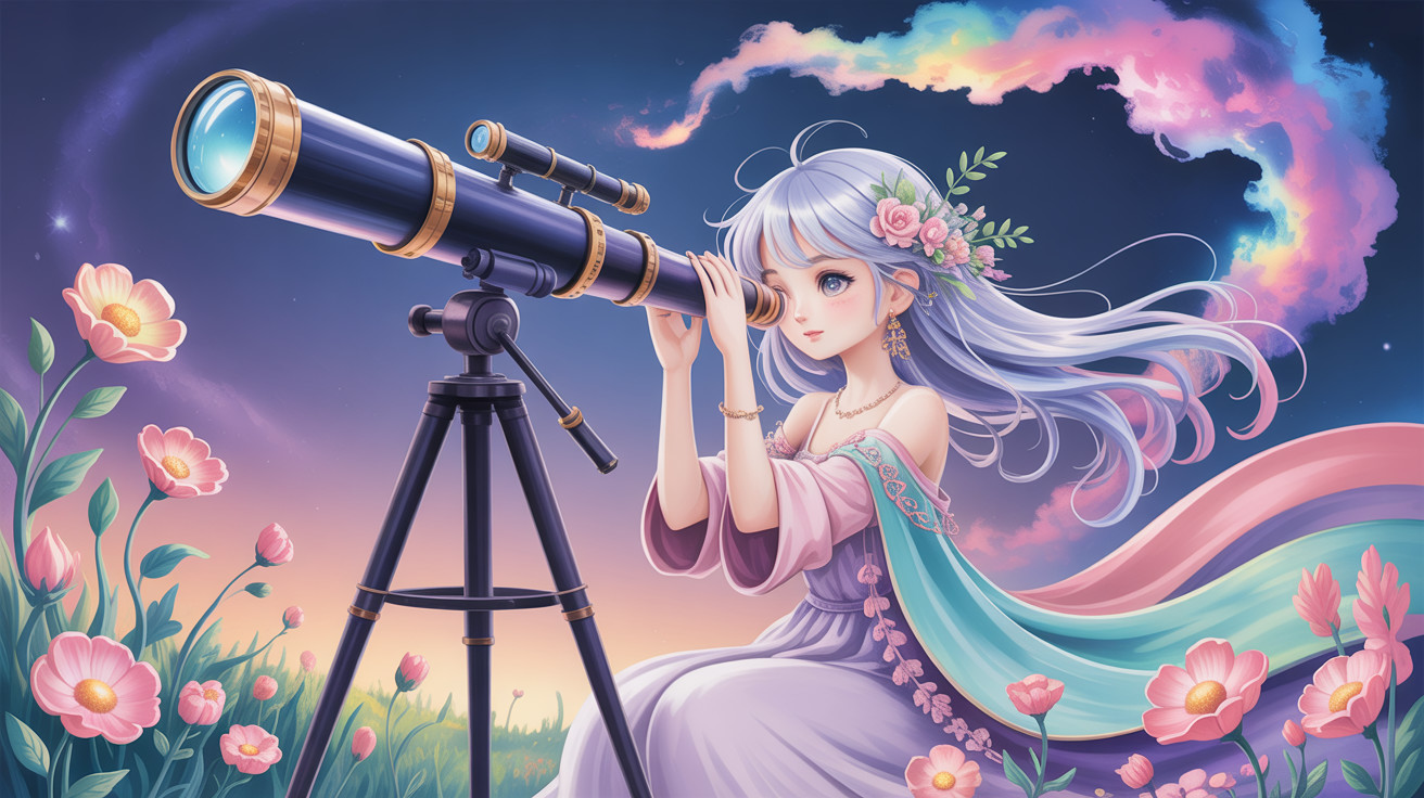 Celestial Anime Girl with Telescope in Twilight Sky