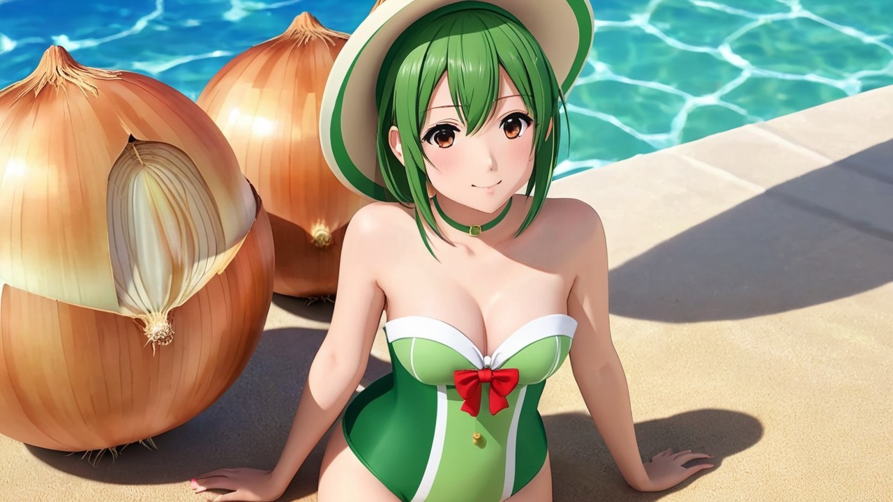 Cheerful Anime Character by Poolside with Onions
