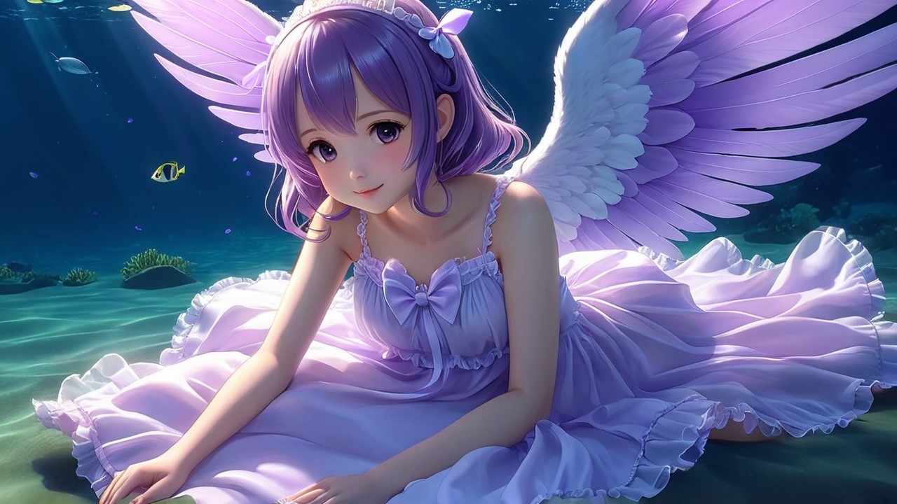 Underwater Scene of a Girl with Purple Wings