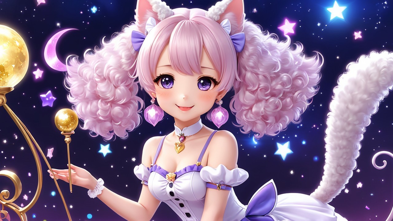 Whimsical Character with Pink Hair and Magical Staff