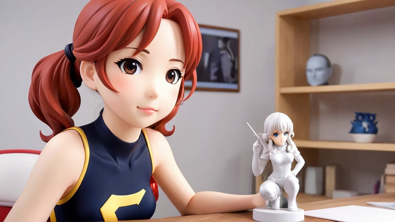 Young Woman with Red Hair in Sporty Outfit at Desk