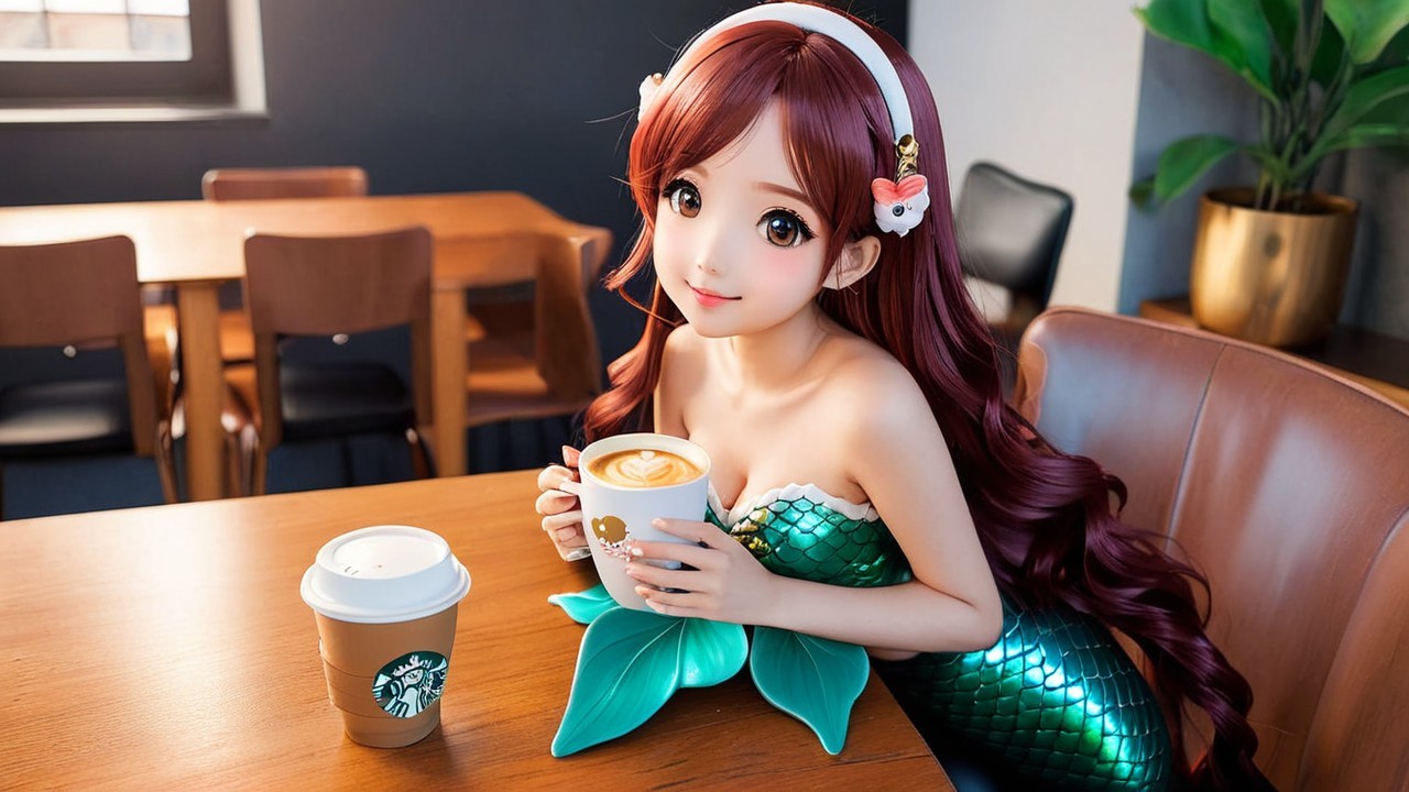 Animated mermaid girl in a cozy café setting