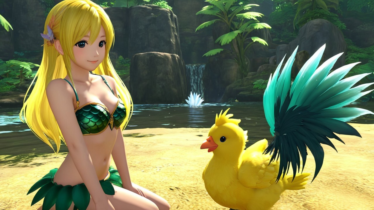 Tropical Scene with Mermaid and Colorful Chick Creature