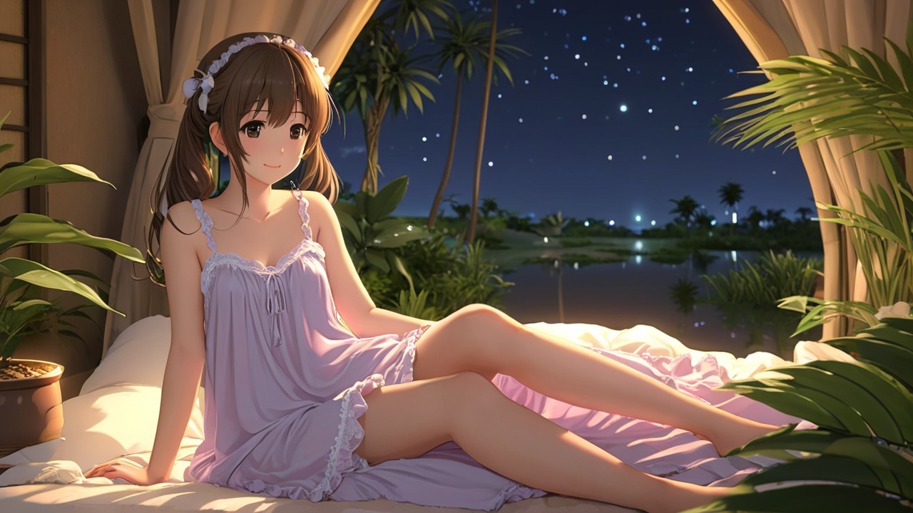 Serene Nighttime Scene with Girl on Bed and Lake View