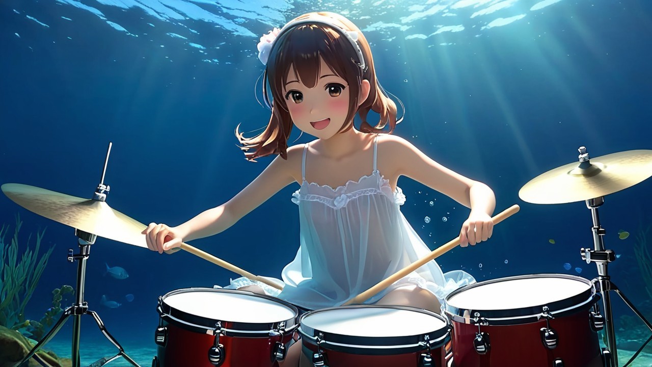 Anime girl drumming underwater with colorful fish nearby