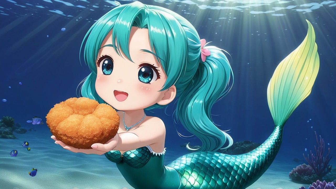 Cheerful mermaid with turquoise hair and green tail