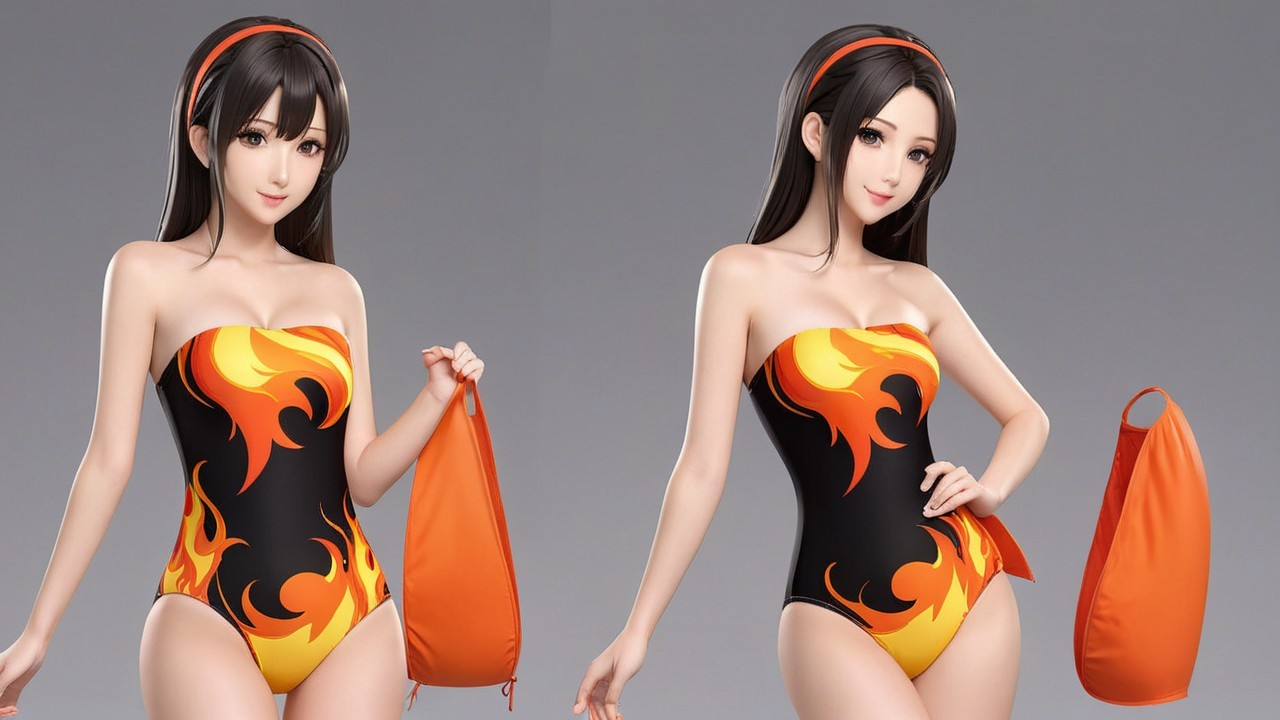 Stylized character in black swimsuit with orange flames