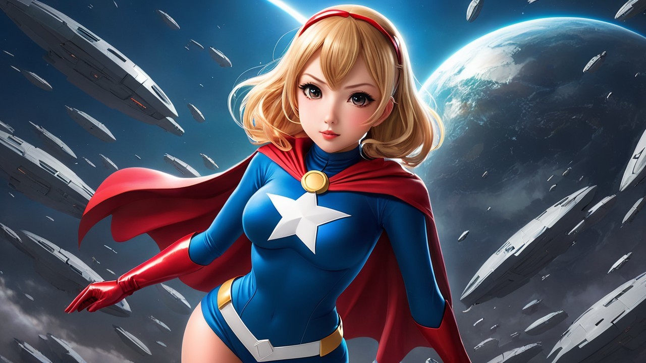 Superheroine in Blue Costume with Cosmic Background