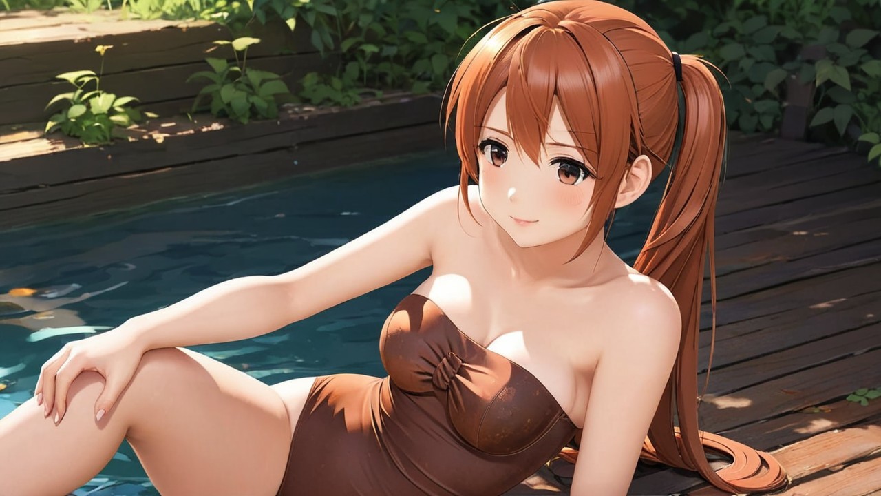 Young woman in brown swimsuit by tranquil poolside